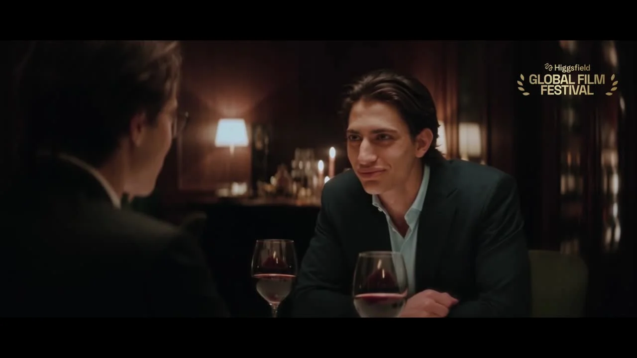 Vince speaking to Noah across a candlelit restaurant table in ALGORITHM