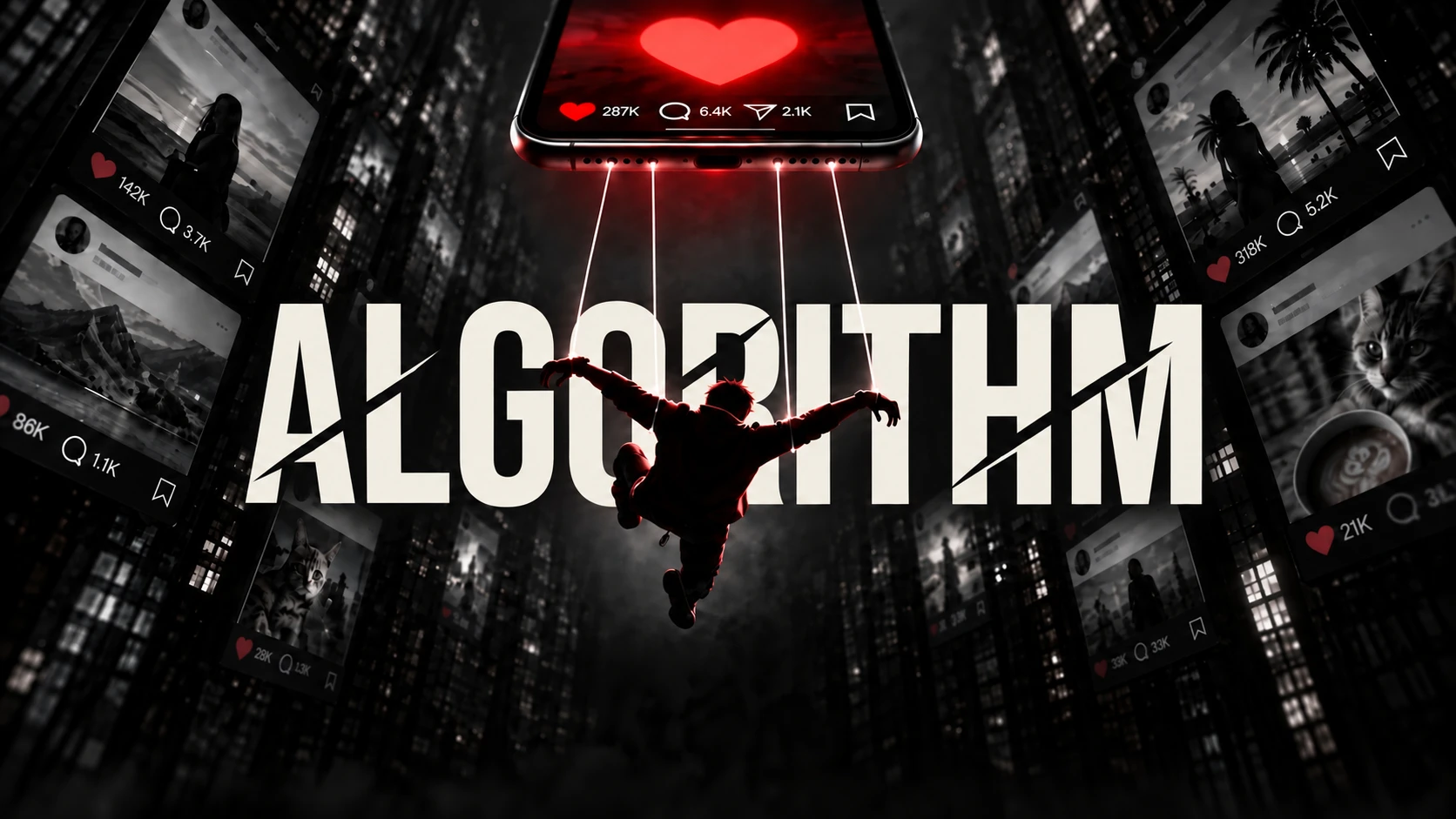 ALGORITHM film poster, with a figure suspended beneath a phone