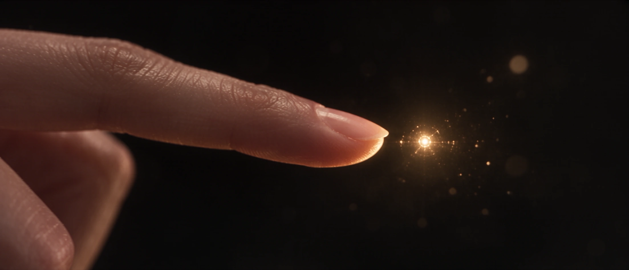 A woman's fingertip approaches a golden spark in cosmic darkness.